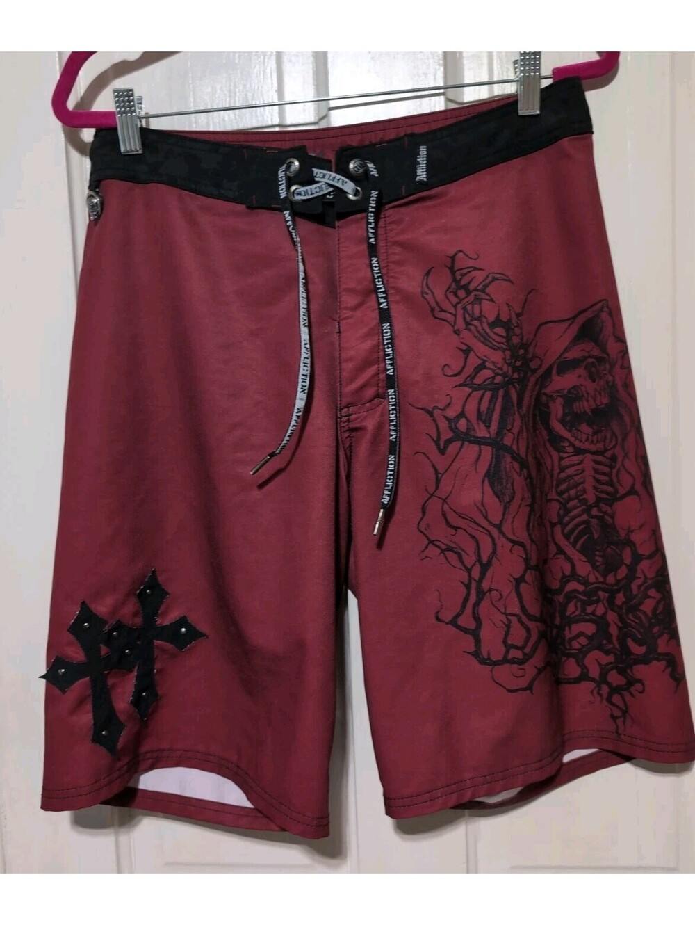 Affliction Board Shorts Skeleton Cross Skull Swim Trunks Red Men's  32(1598)F
